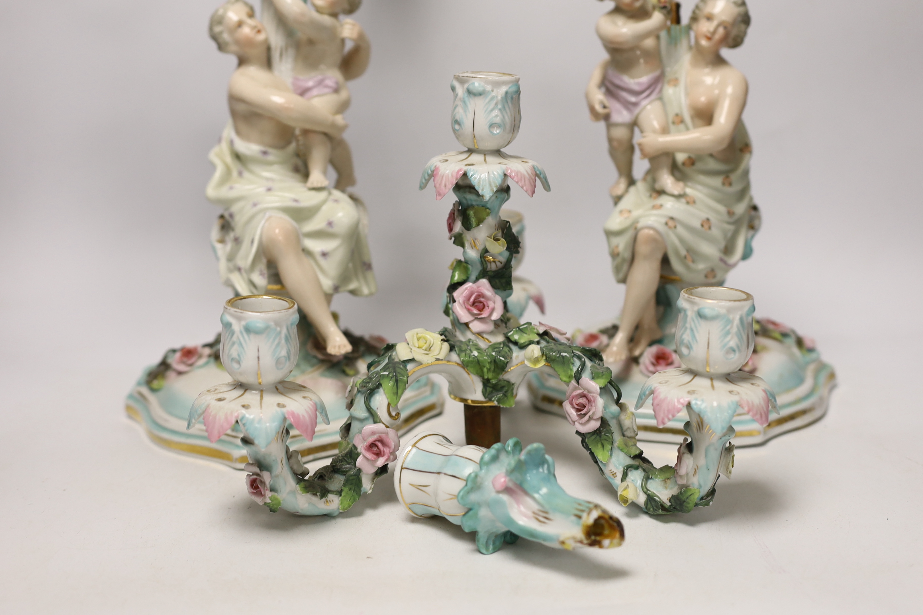 A pair of Sitzendorf figural candelabra, 46cm
